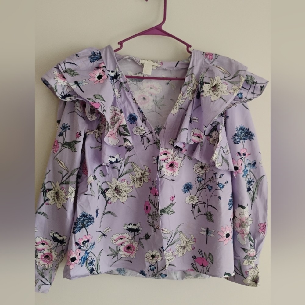 H&M Purple Lilac Pink Floral Bird Botanical Ruffle Balloon Sleeve Top SIZE 14 XL - Picture 2 of 13
